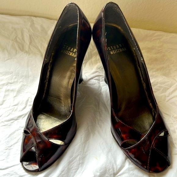 Stuart Weitzman Wedge Heel Patent Leather Tortoise Peep Toe Size 5.5 - Picture 2 of 7